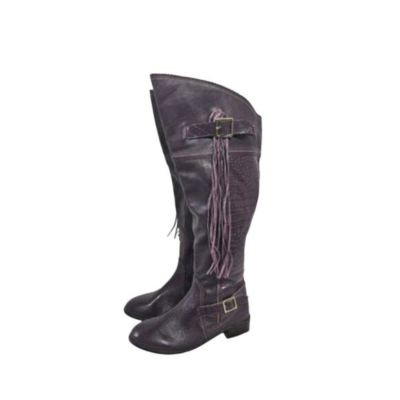 June Ambrose Purple Leather Fringed Embossed High Western Equestrian Boots 9 EUC - Picture 1 of 12